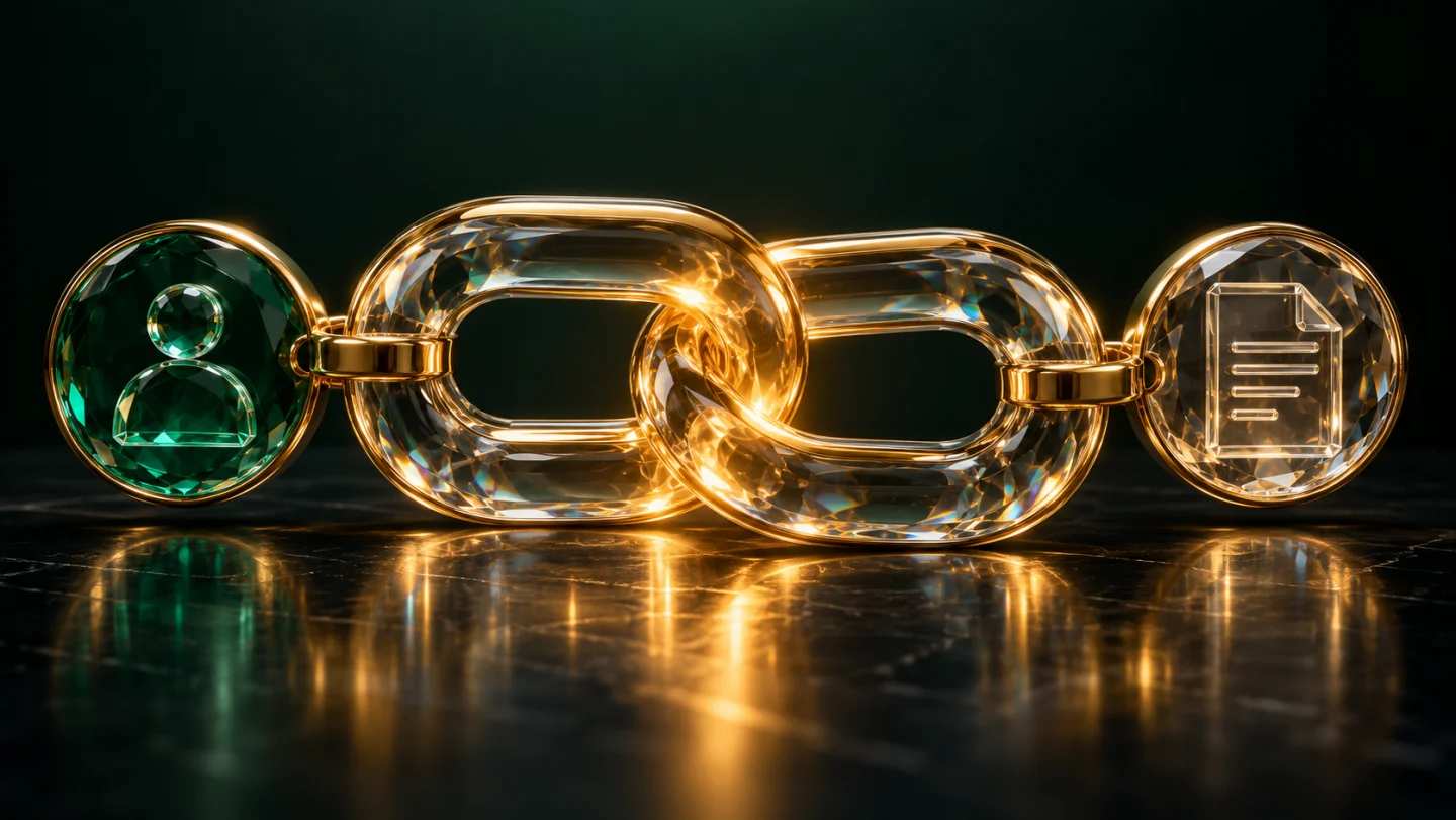 Two gold crystal links connecting a person and a document